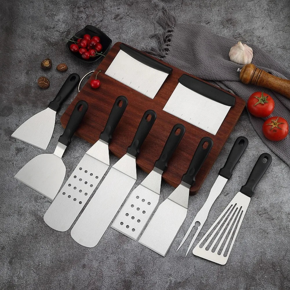 Juego de herramientas para barbacoa de acero inoxidable duradero.